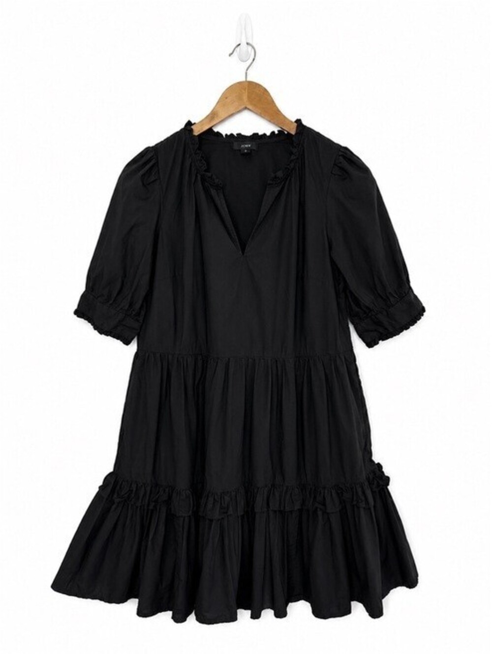 J.Crew Re-Imagined Black Cotton Poplin Ruffle Puff Sleeve Tiered Dress Small